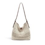 Beige Crochet Woven Leather Strap Shoulder Tote Bag