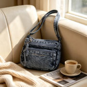Vintage Washed Denim Multi Pocket Crossbody Bag - Image 3