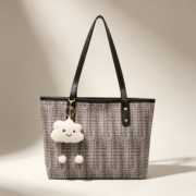 Woven Tweed Tote Bag With Cloud Plush Charm - Image 3