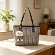 Woven Tweed Tote Bag With Cloud Plush Charm - Image 2