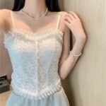 White Ruffle Lace Button Cami Spaghetti Strap Top