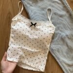 White Polka Dot Lace Trim Bow Cami Tank Top