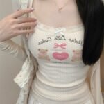 Lace Trim Polka Dot Bear Graphic Camisole Top