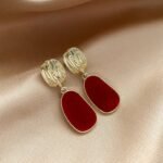 Gold Textured Drop Red Enamel Dangle Earrings