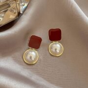 Red Enamel Square Drop Faux Pearl Dangle Earrings