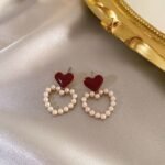 Red Enamel Heart Pearl Hollow Heart Drop Earrings