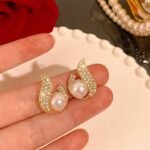 Gold Curved Rhinestone Faux Pearl Stud Earrings