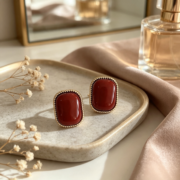 Vintage Red Rectangle Beaded Border Stud Earrings - Image 3