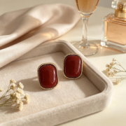 Vintage Red Rectangle Beaded Border Stud Earrings - Image 2
