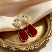 Gold Textured Drop Red Enamel Dangle Earrings - Image 3
