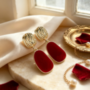 Gold Textured Drop Red Enamel Dangle Earrings - Image 4