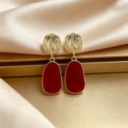 Gold Textured Drop Red Enamel Dangle Earrings - Image 2