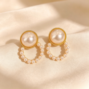 Gold Frame Pearl Drop Circular Hoop Stud Earrings - Image 2