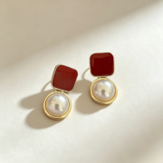 Red Enamel Square Drop Faux Pearl Dangle Earrings - Image 2