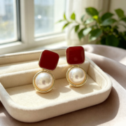 Red Enamel Square Drop Faux Pearl Dangle Earrings - Image 4