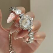 Silver Floral Rhinestone Adjustable Bracelet Watch