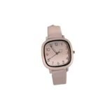 Pastel Pink Square Dial Leather Strap Wrist Watch