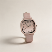 Pastel Pink Square Dial Leather Strap Wrist Watch - Image 2