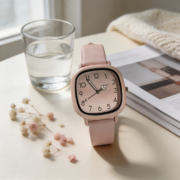 Pastel Pink Square Dial Leather Strap Wrist Watch - Image 3