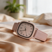 Pastel Pink Square Dial Leather Strap Wrist Watch - Image 4