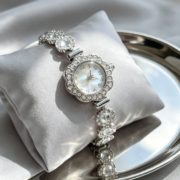 Silver Floral Rhinestone Adjustable Bracelet Watch - Image 2