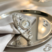 Silver Floral Rhinestone Adjustable Bracelet Watch - Image 4