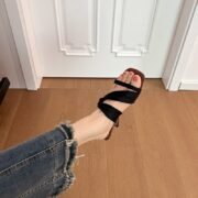 Black Twisted Strap Square Toe Slide Sandals