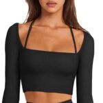 Womens Sexy Halter Neck Crop Top - Seamless Long Sleeve Workout Top with Strappy Back