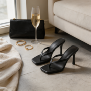 Black Square Toe Thong High Heel Mule Sandals - Image 3